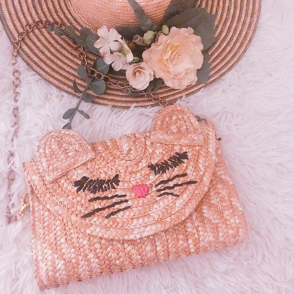 Rare wicker straw cat envelope clutch with 3D ears